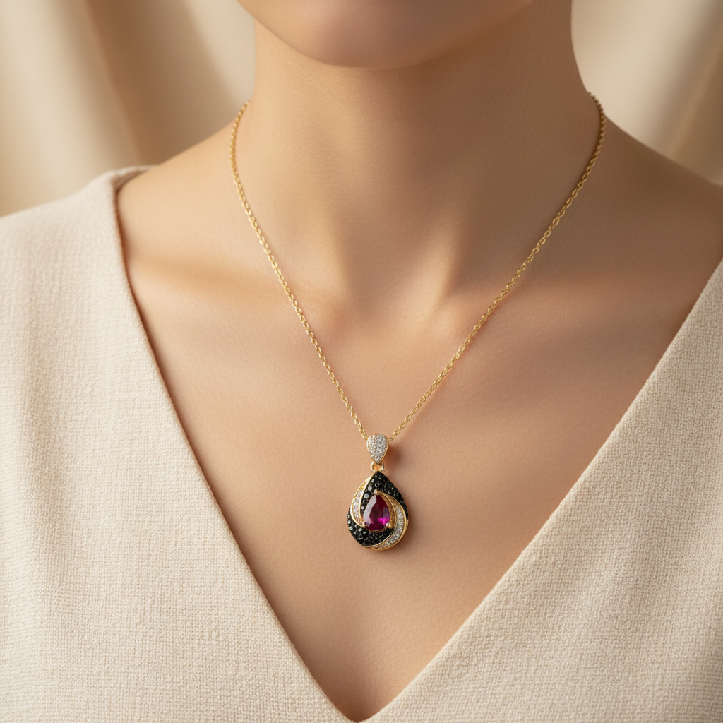 Vintage Pear Ruby Pendant in Sterling Silver