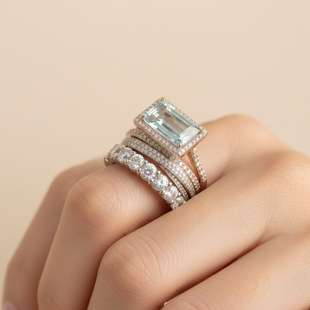 Vintage Silver Blue Crystal Ring Set