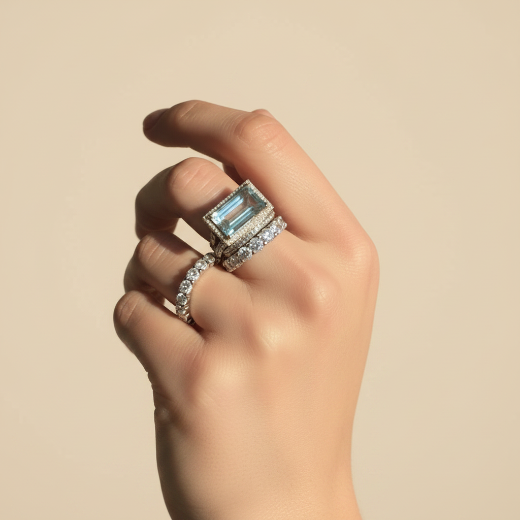Vintage Silver Blue Crystal Ring Set