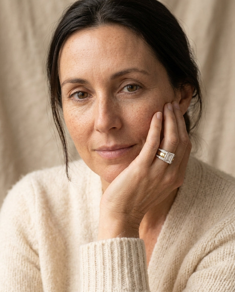 By Sophi Vintage Two-Tone Silver & Gold Crystal Ring, editorial portrait worn with warm cream cardigan