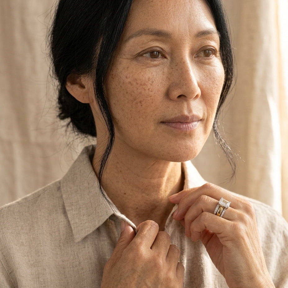 By Sophi Vintage Two-Tone Silver & Gold Crystal Ring, editorial portrait worn with warm oatmeal linen