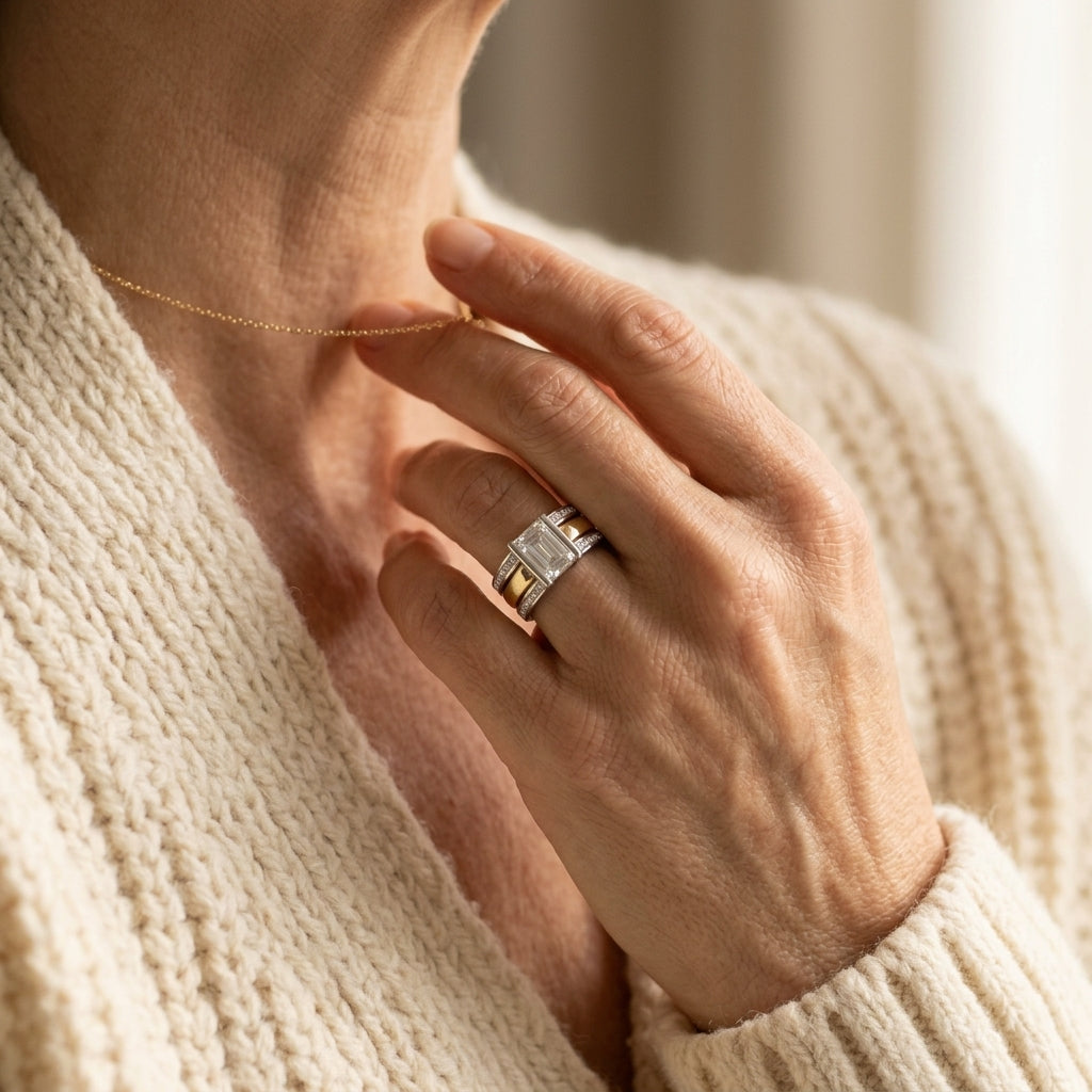 By Sophi Vintage Two-Tone Silver & Gold Crystal Ring, worn with fine gold chain necklace showing two-tone pairing