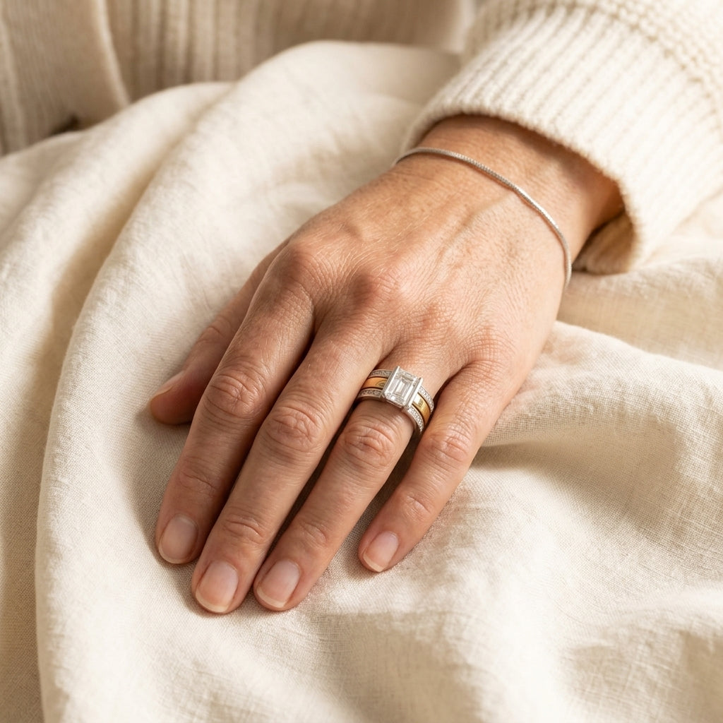 By Sophi Vintage Two-Tone Silver & Gold Crystal Ring, worn with fine silver chain bracelet showing two-tone pairing