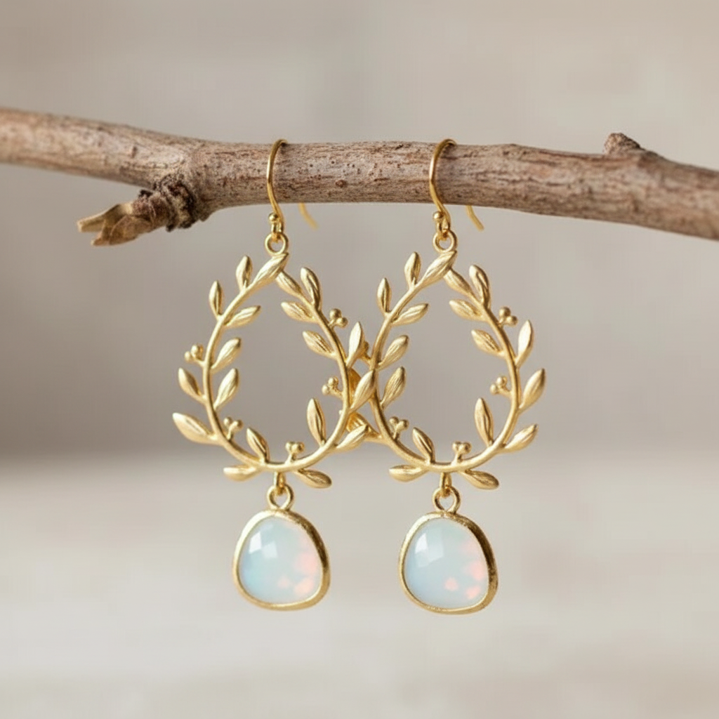 Vintage White Opal Golden Drop Earrings