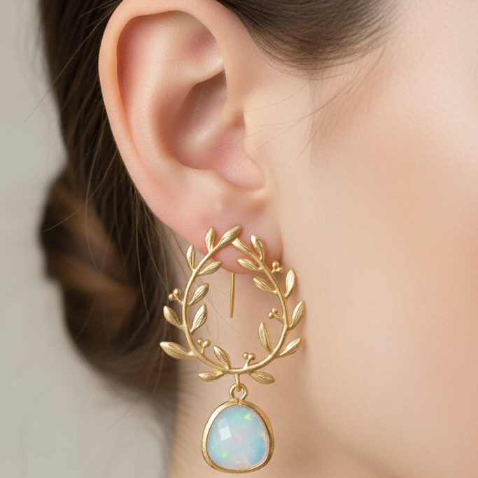 Vintage White Opal Golden Drop Earrings