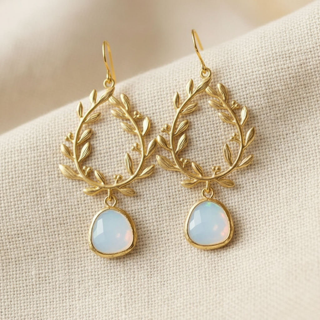 Vintage White Opal Golden Drop Earrings