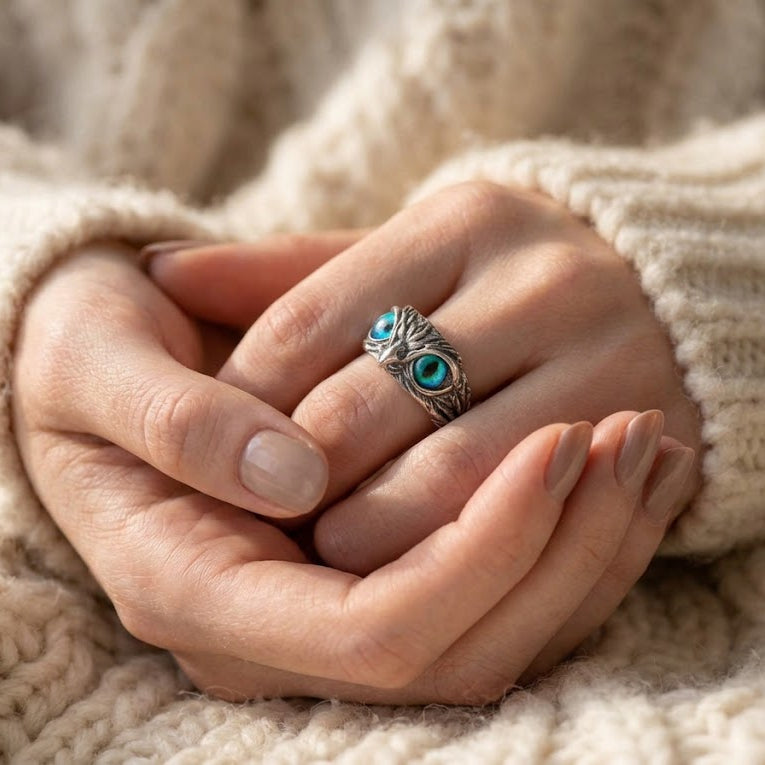 Owl of Good Luck Adjustable Ring in Silver and Opal
