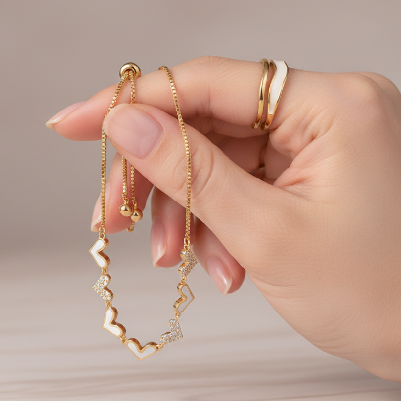 White Enamel & Gold Heart Bracelet