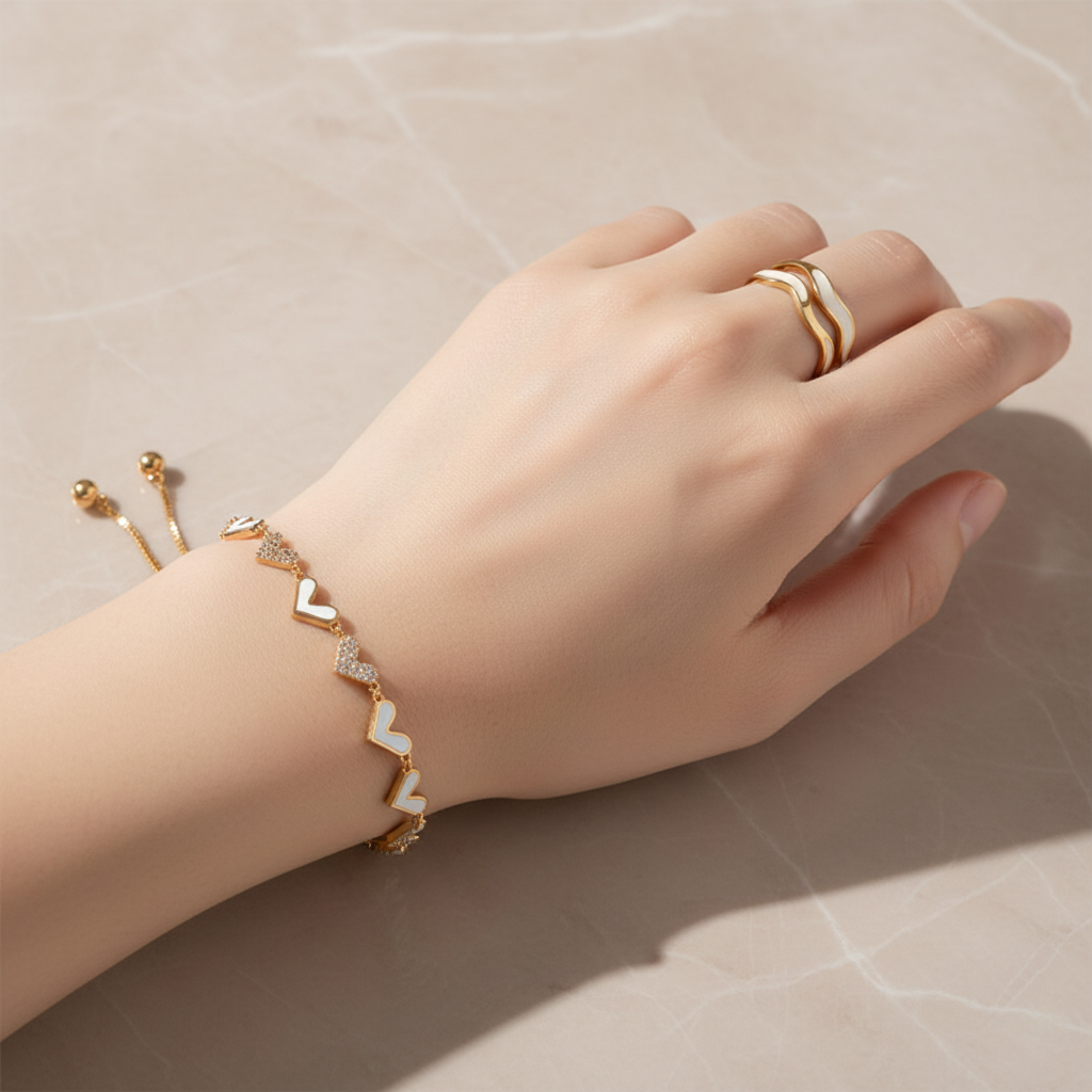 White Enamel & Gold Heart Bracelet