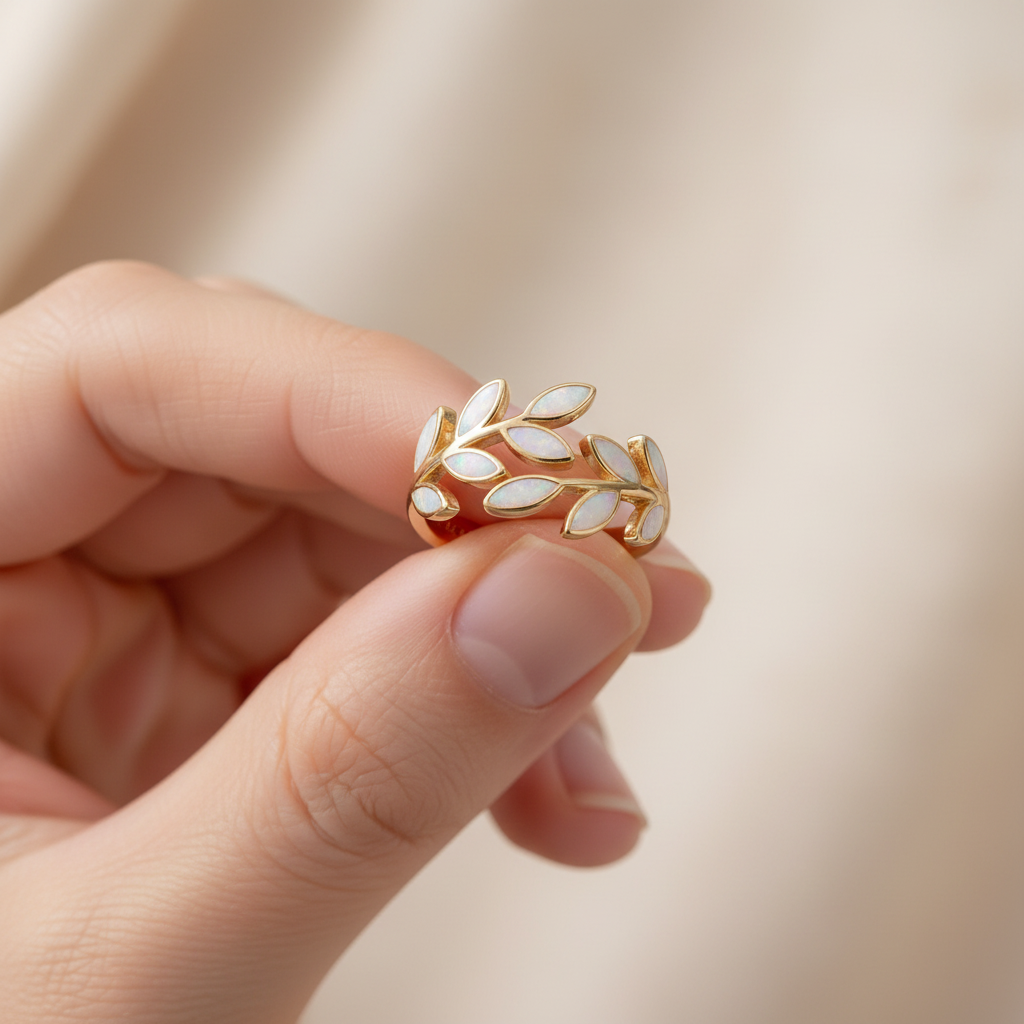 White Opal Leaf Adjustable Ring in Gold
