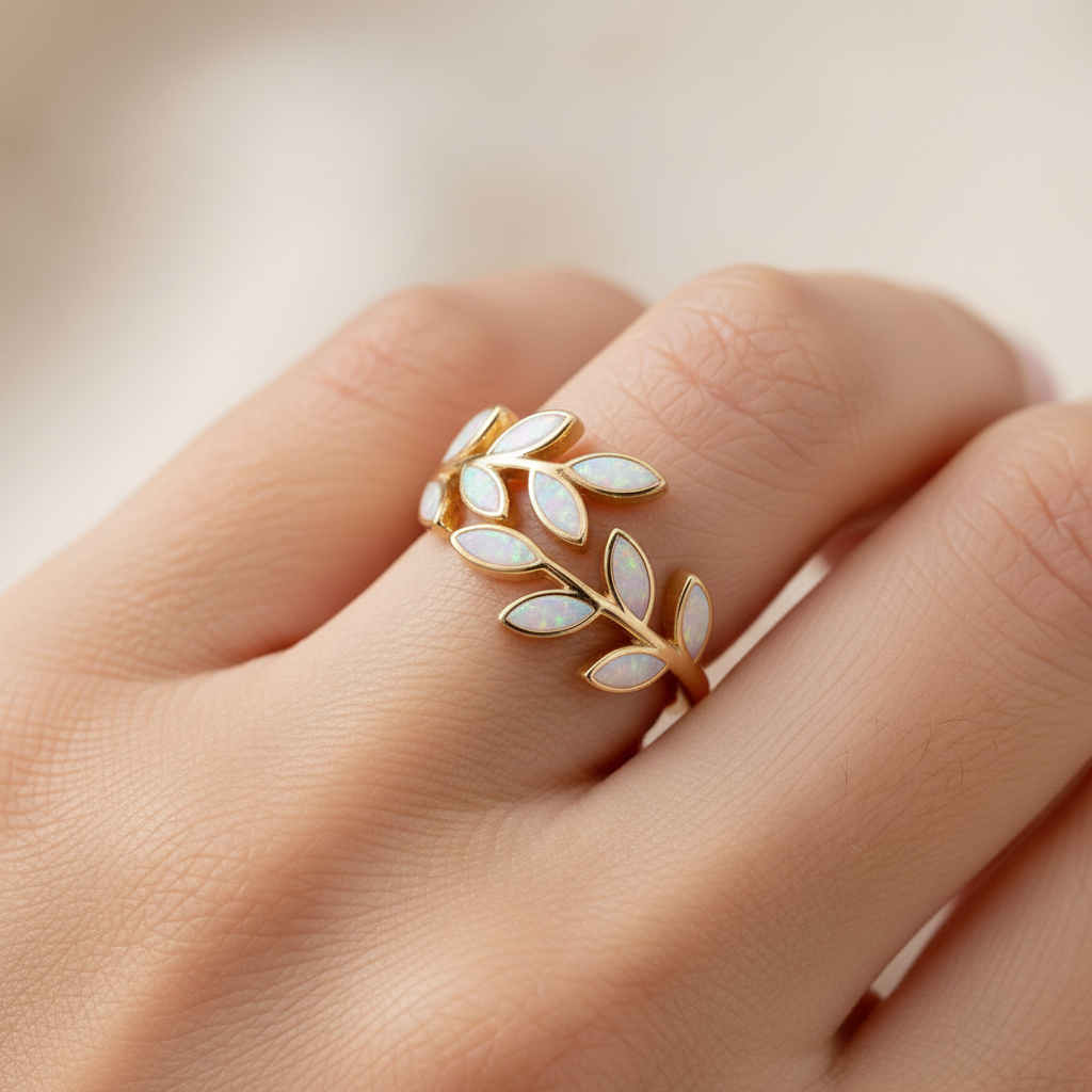 White Opal Leaf Adjustable Ring in Gold