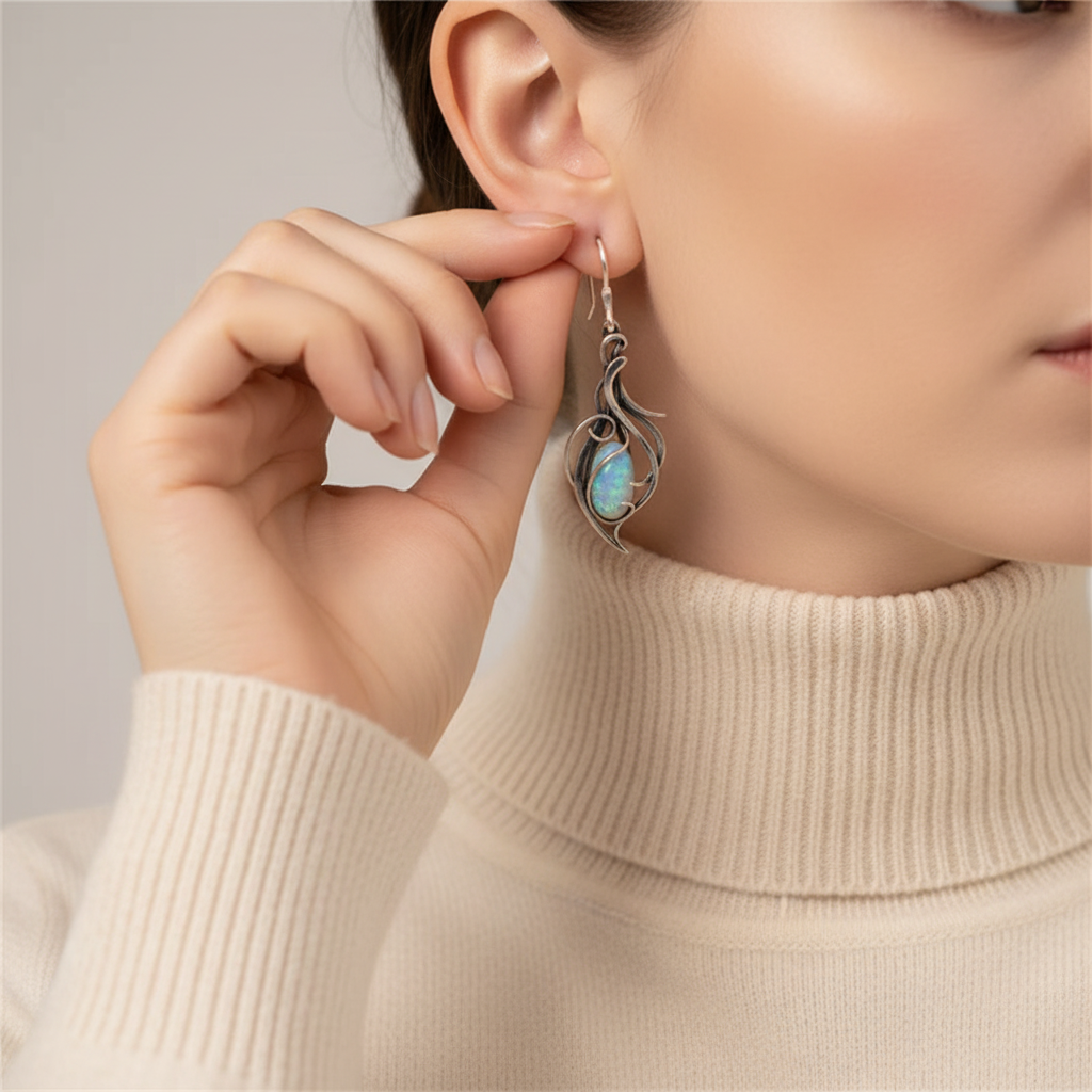 Vintage White Opal Silver Scroll Earrings