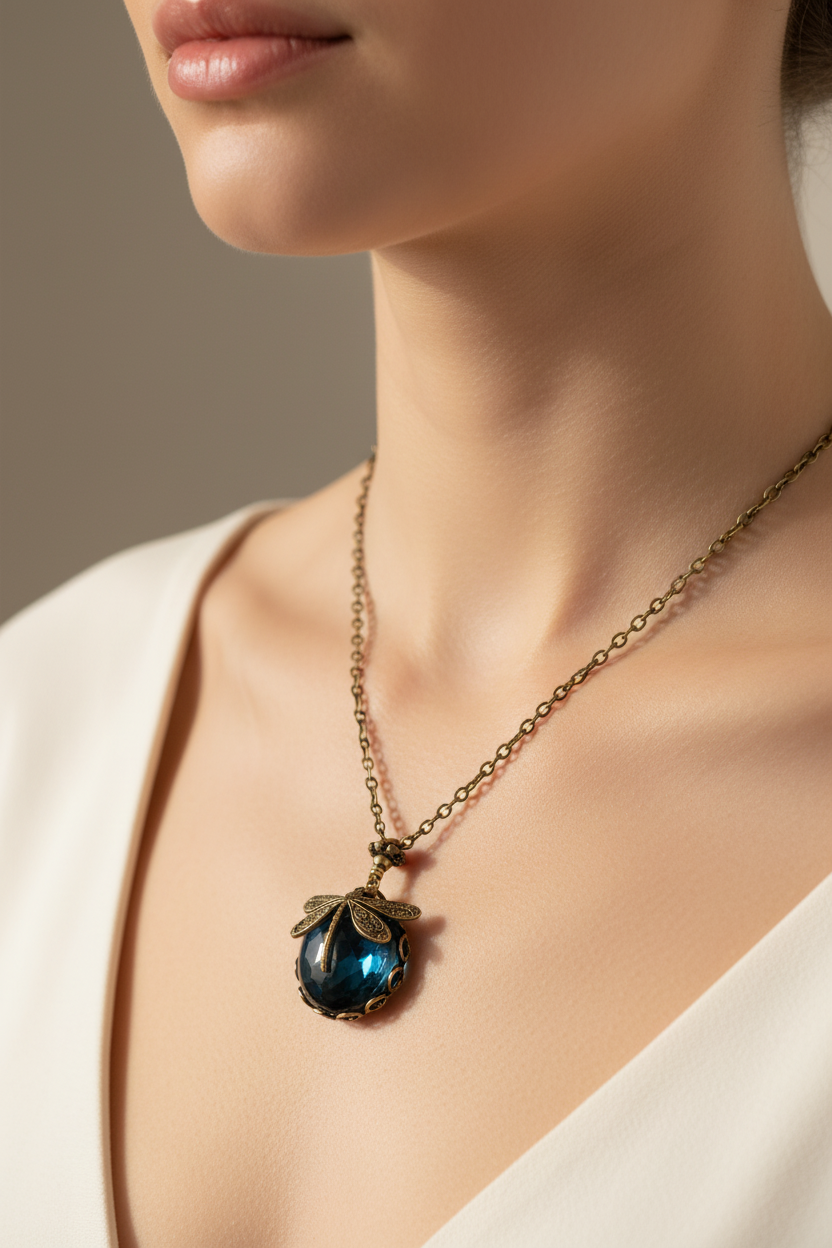 Blue Crystal Dragonfly Necklace in Antique Gold