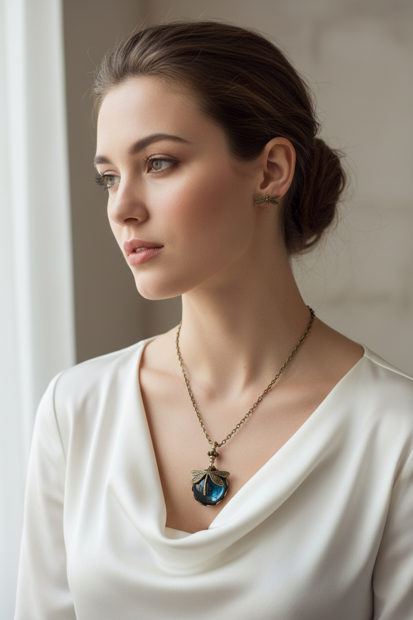 Blue Crystal Dragonfly Necklace in Antique Gold