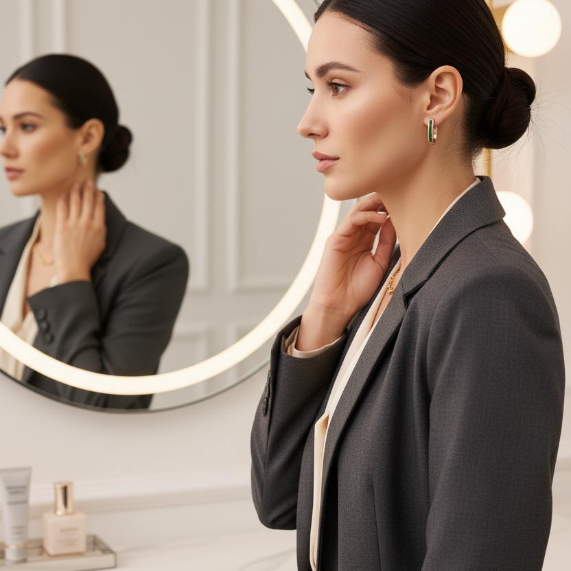 Woman wearing Elegant Green Zirconia Earrings getting ready for work