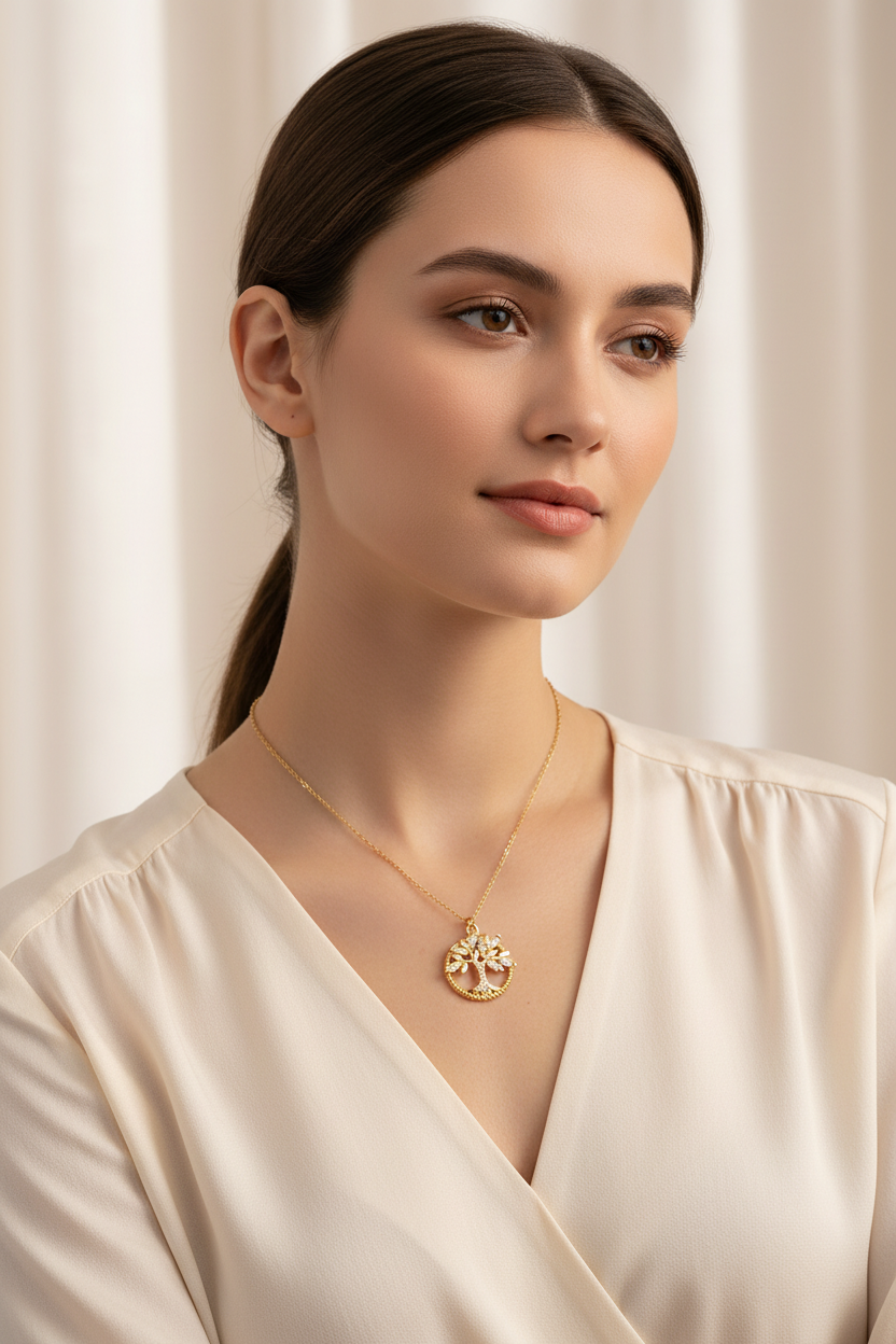 Tree of Life Zirconia Necklace in Gold