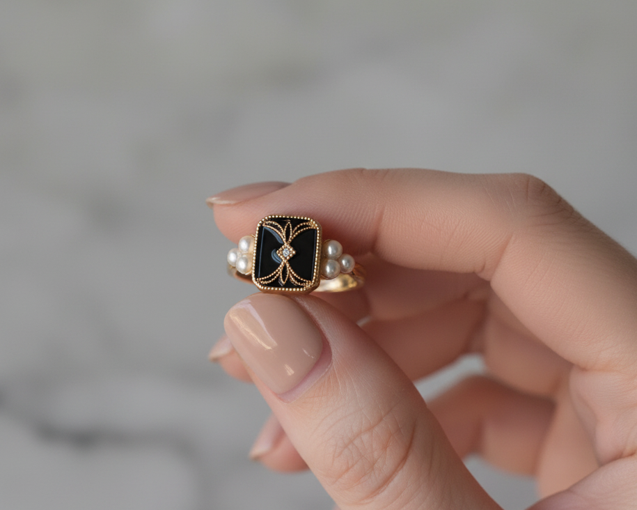 Black Enamel & Pearl Gold Ring